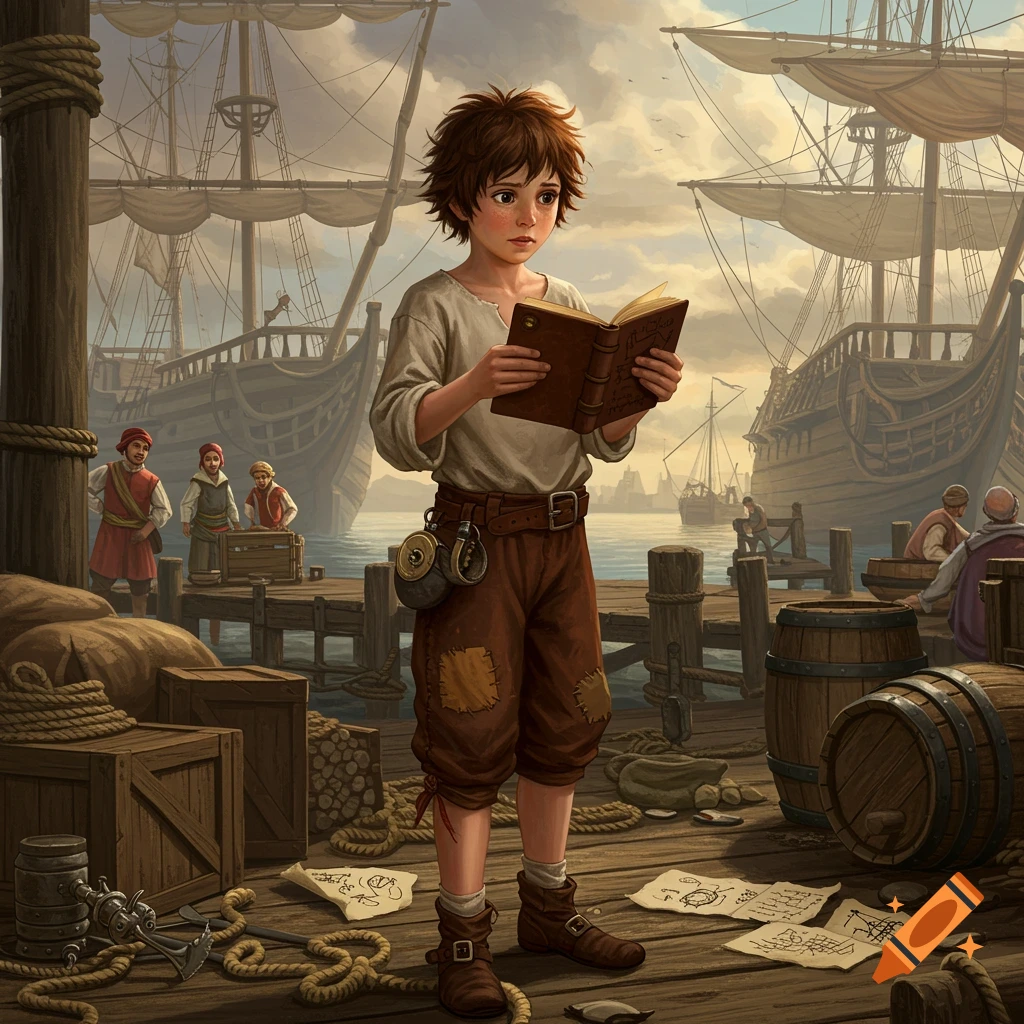 A young boy reads a book on a ship dock with large sailing ships.