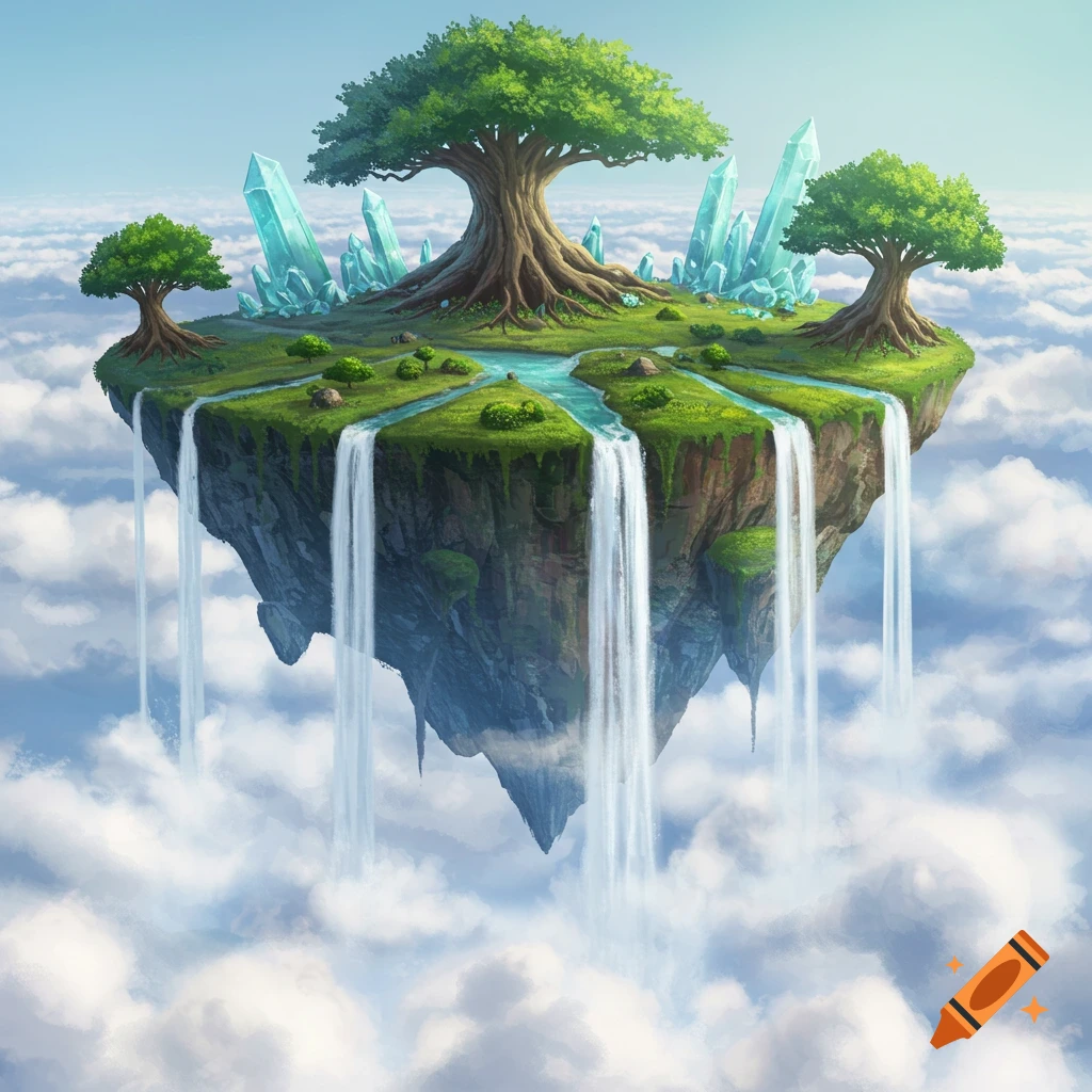 A fantasy floating island with trees, a river, crystals, and waterfalls cascading into clouds.