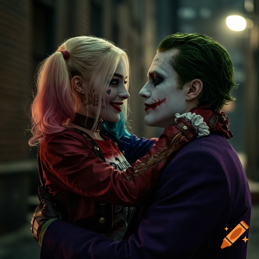 Harley Quinn and Joker in a warm embrace, staring into each other's eyes.