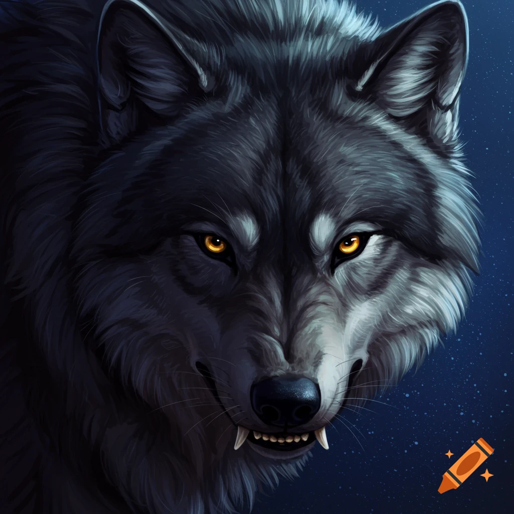 A close-up of a dark wolf's face with glowing orange eyes and bared fangs against a dark, starry background.