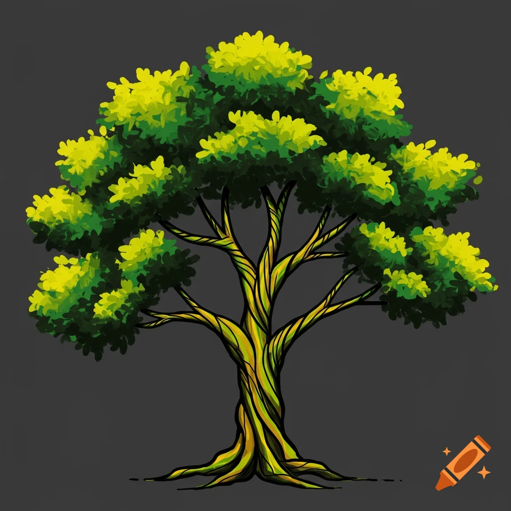 A stylized green and yellow tree with bold lines against a dark background.