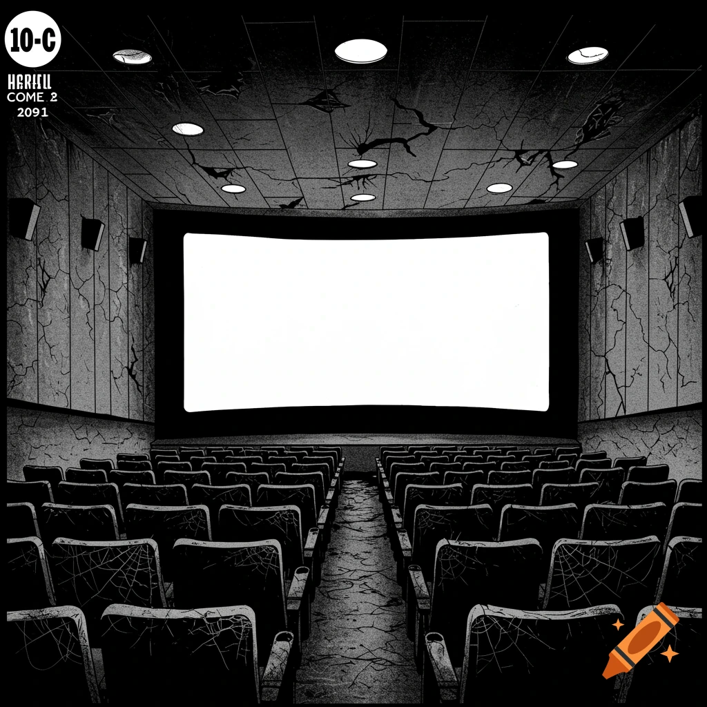 Black and white comic art of an abandoned, decaying movie theater with rows of seats and a blank screen.