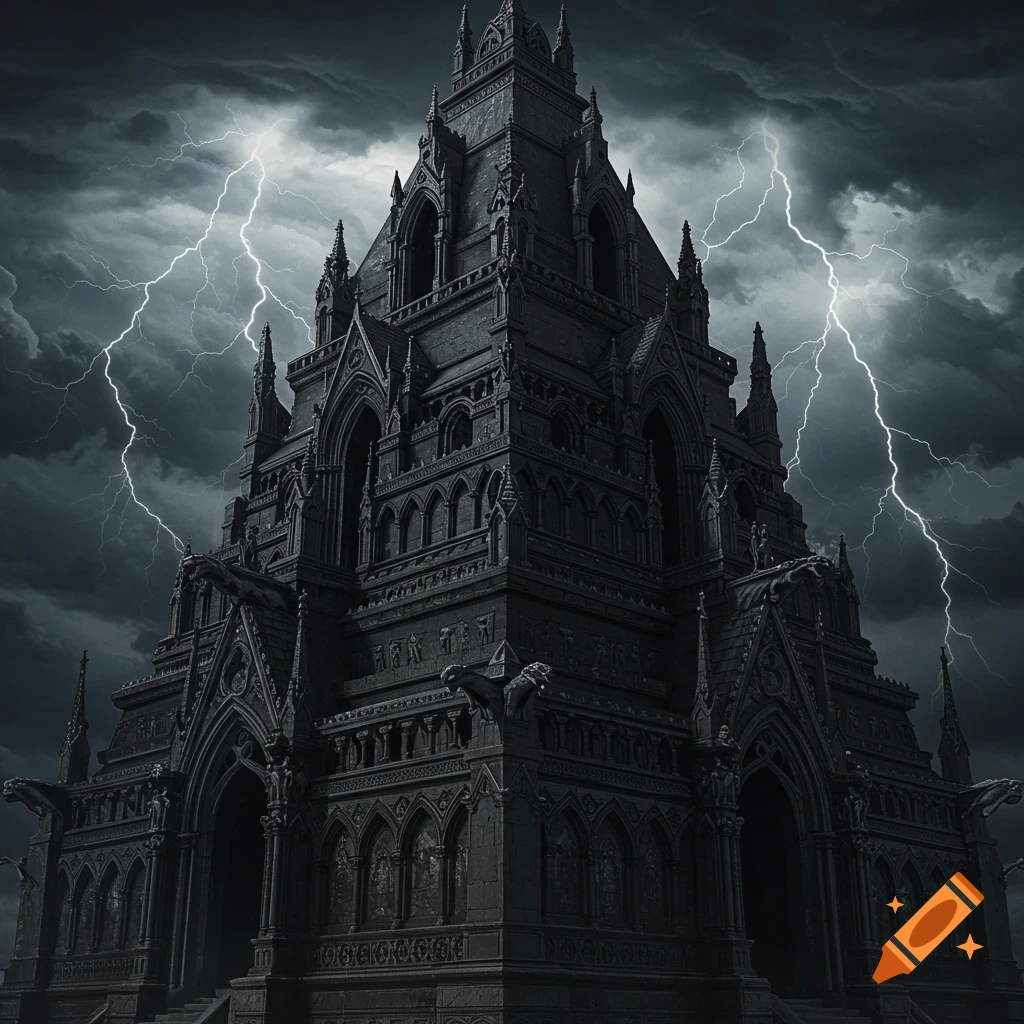 A dark gothic building stands against a stormy sky with lightning.
