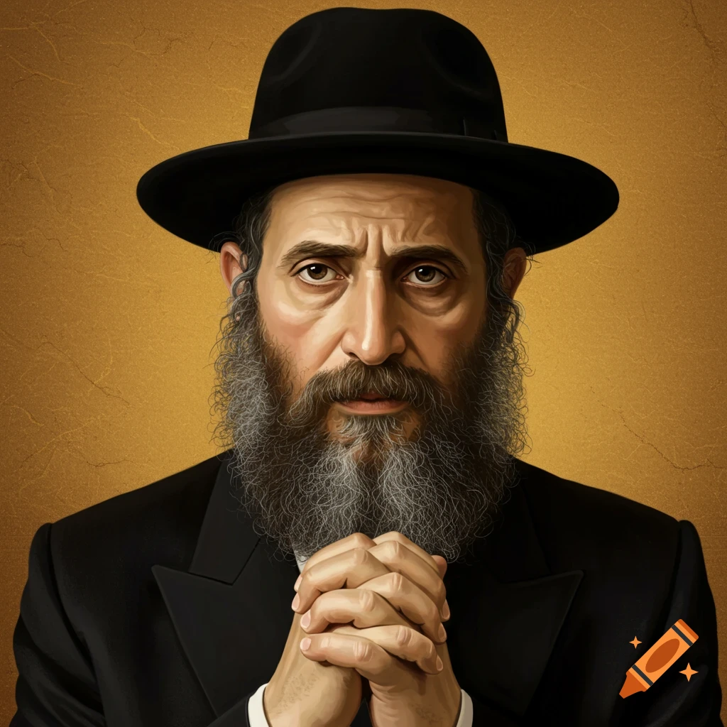 Portrait of a man with a beard and black hat, hands clasped, against a textured gold background.