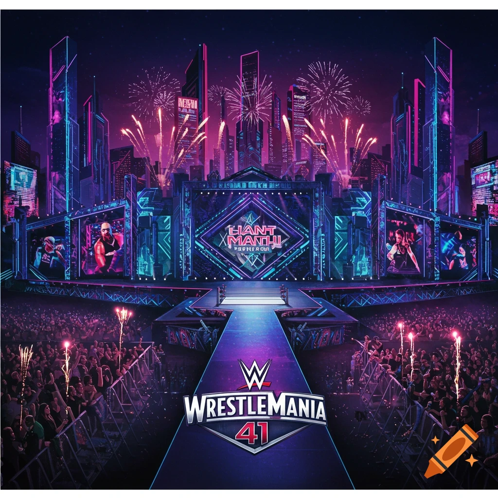 Futuristic WWE WrestleMania 41 stage concept with large screen, fireworks, and crowd.