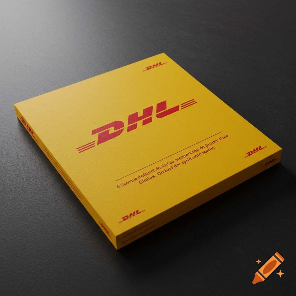 Yellow DHL package with red logo on a dark background.