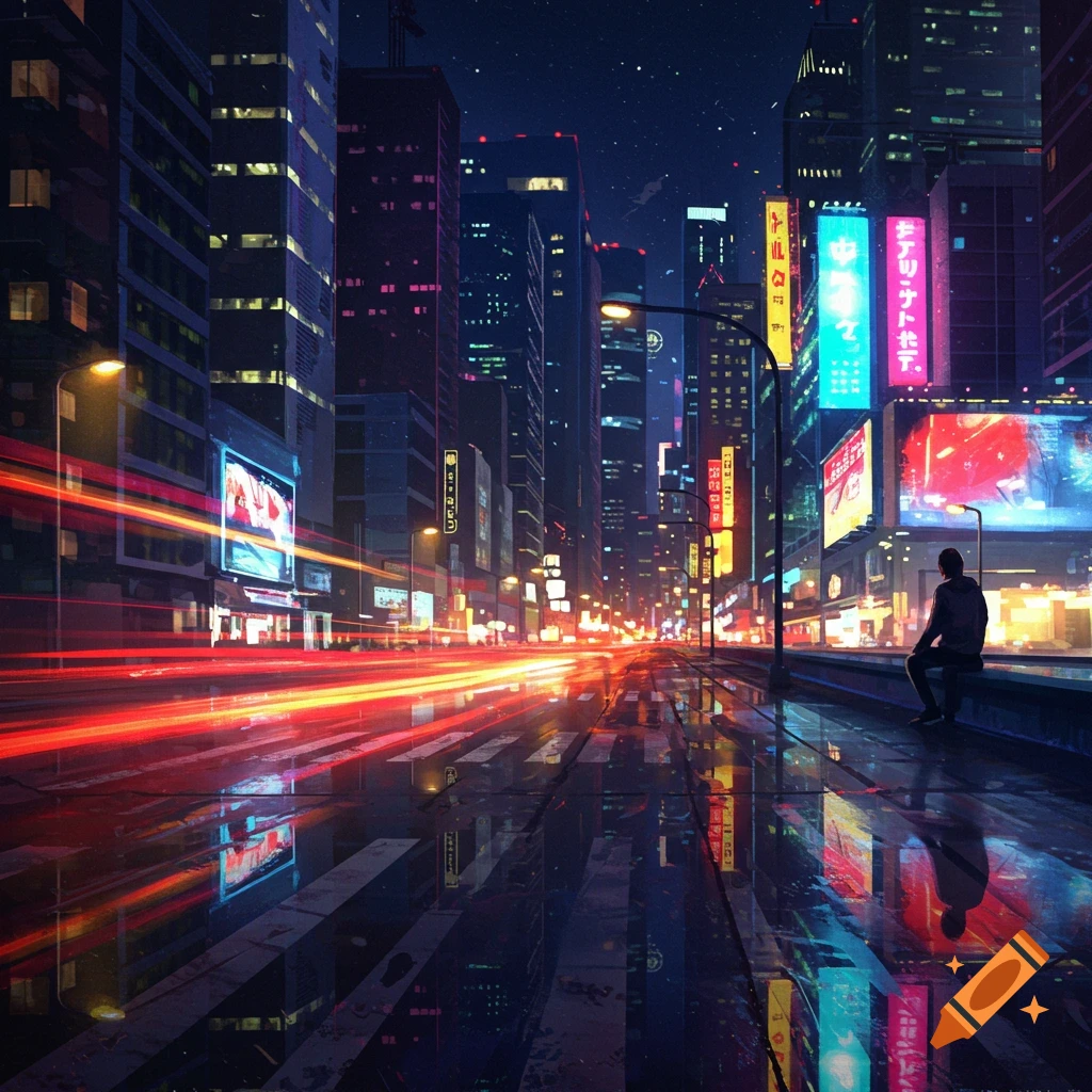 Cyberpunk city street at night with neon signs, light trails from cars, and a person sitting, reflecting on wet pavement.