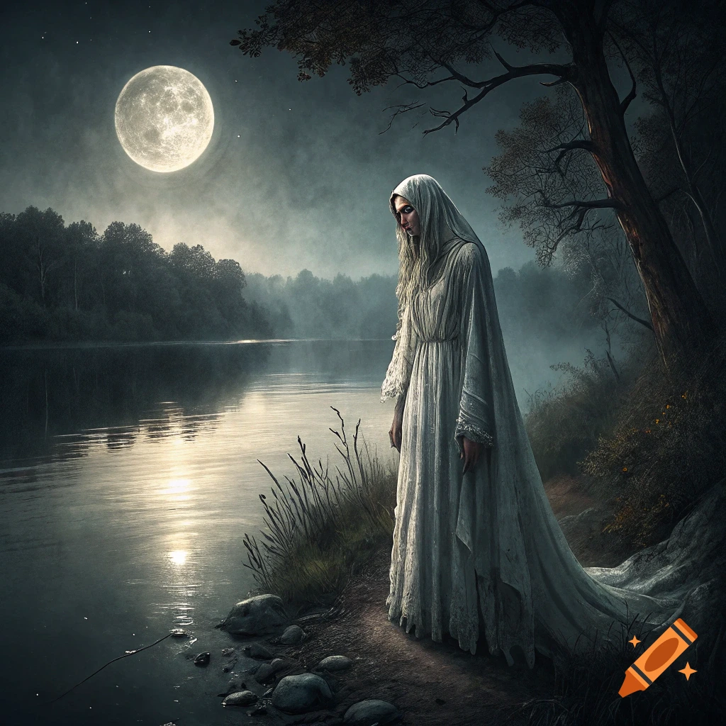 A veiled figure in a white dress stands by a river under a full moon in a dark fantasy style.