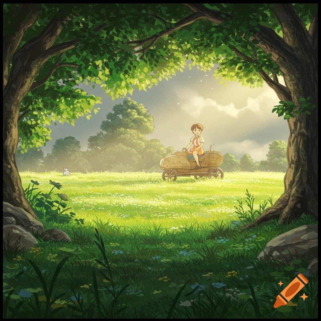 Child rides vehicle in sunny grassy field, framed by trees, in a Ghibli-inspired style.