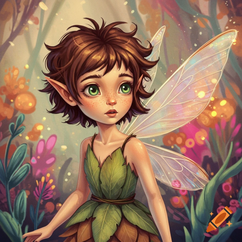 An illustration of a fantasy fairy with short brown hair and green eyes in a forest.