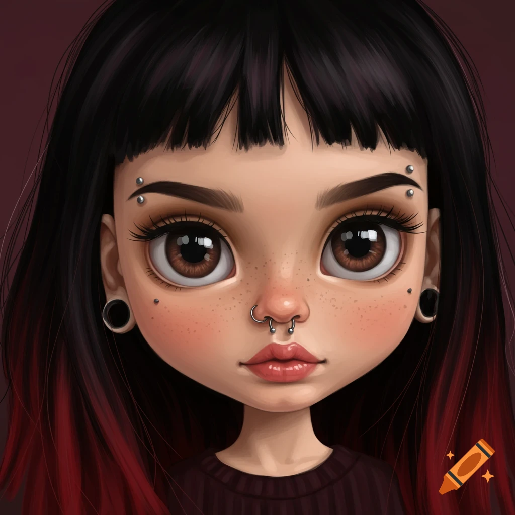 Stylized portrait of a young woman with black and red hair, big eyes, freckles, and facial/ear piercings.