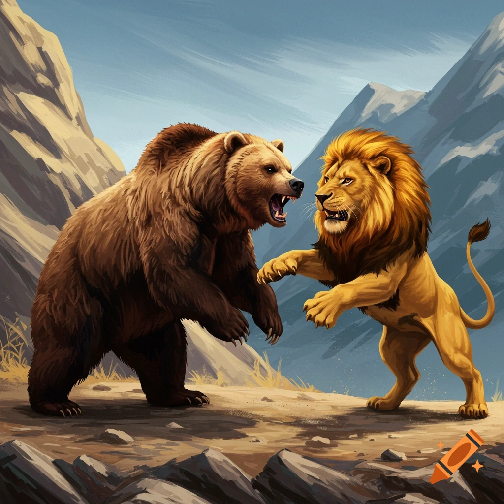 Illustration of a bear and a lion fighting in a rocky landscape.