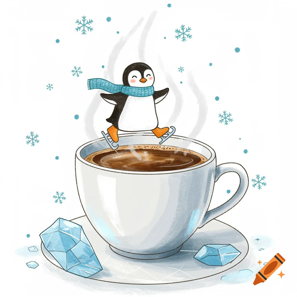 A cartoon penguin ice skating on top of a cup of coffee, surrounded by snowflakes and ice crystals.