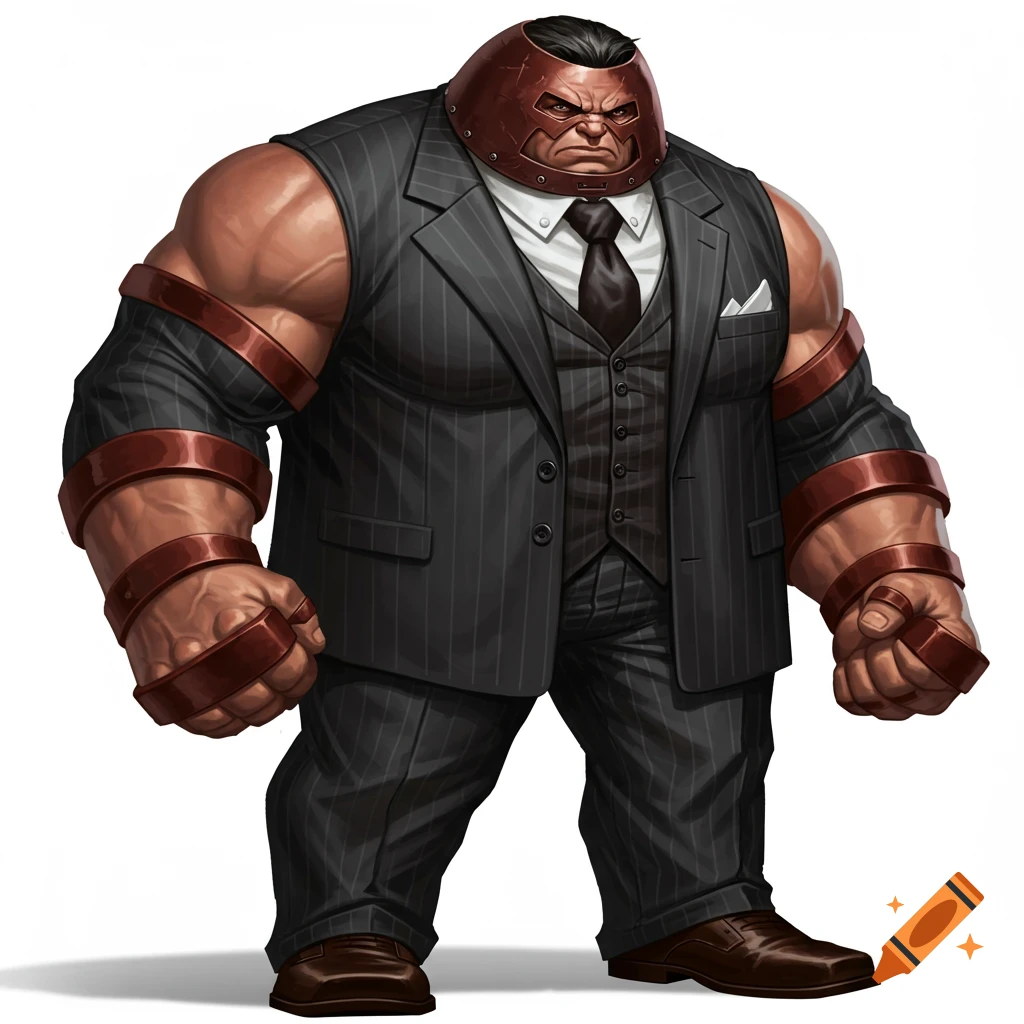 Juggernaut wearing his helmet and a pinstripe suit and tie