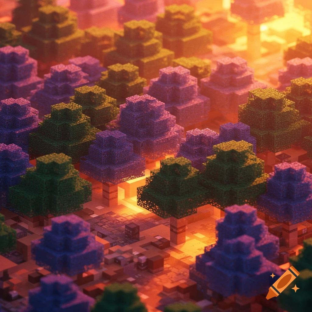 Pixelated forest with colorful blocky trees and glowing orange light.