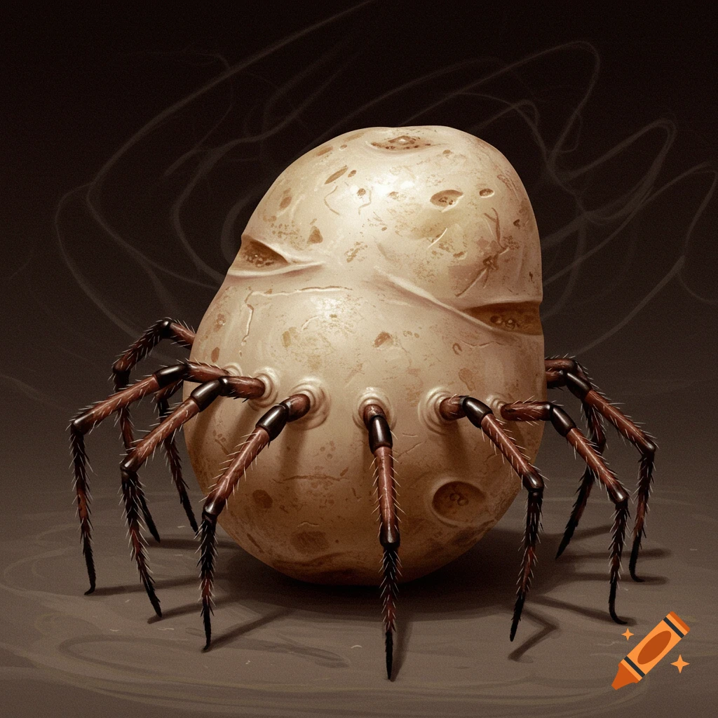 A surreal creature resembling a potato with multiple spider legs.