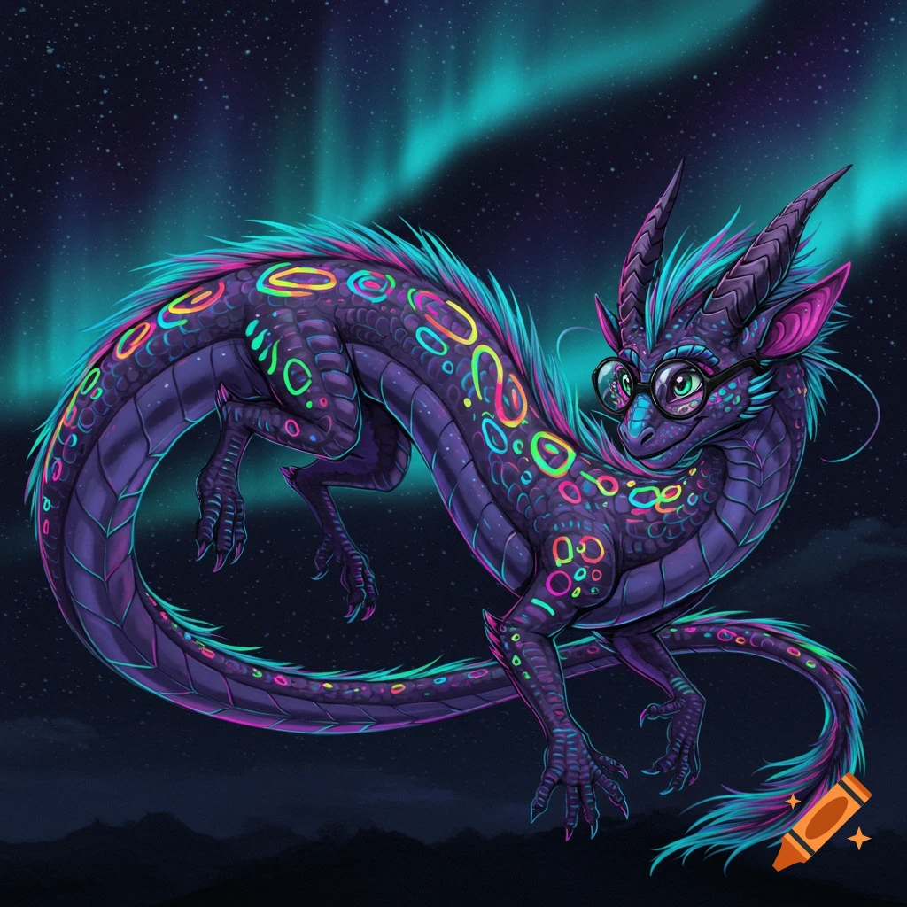 A purple dragon with colorful patterns and glasses flies in a starry night sky with an aurora.
