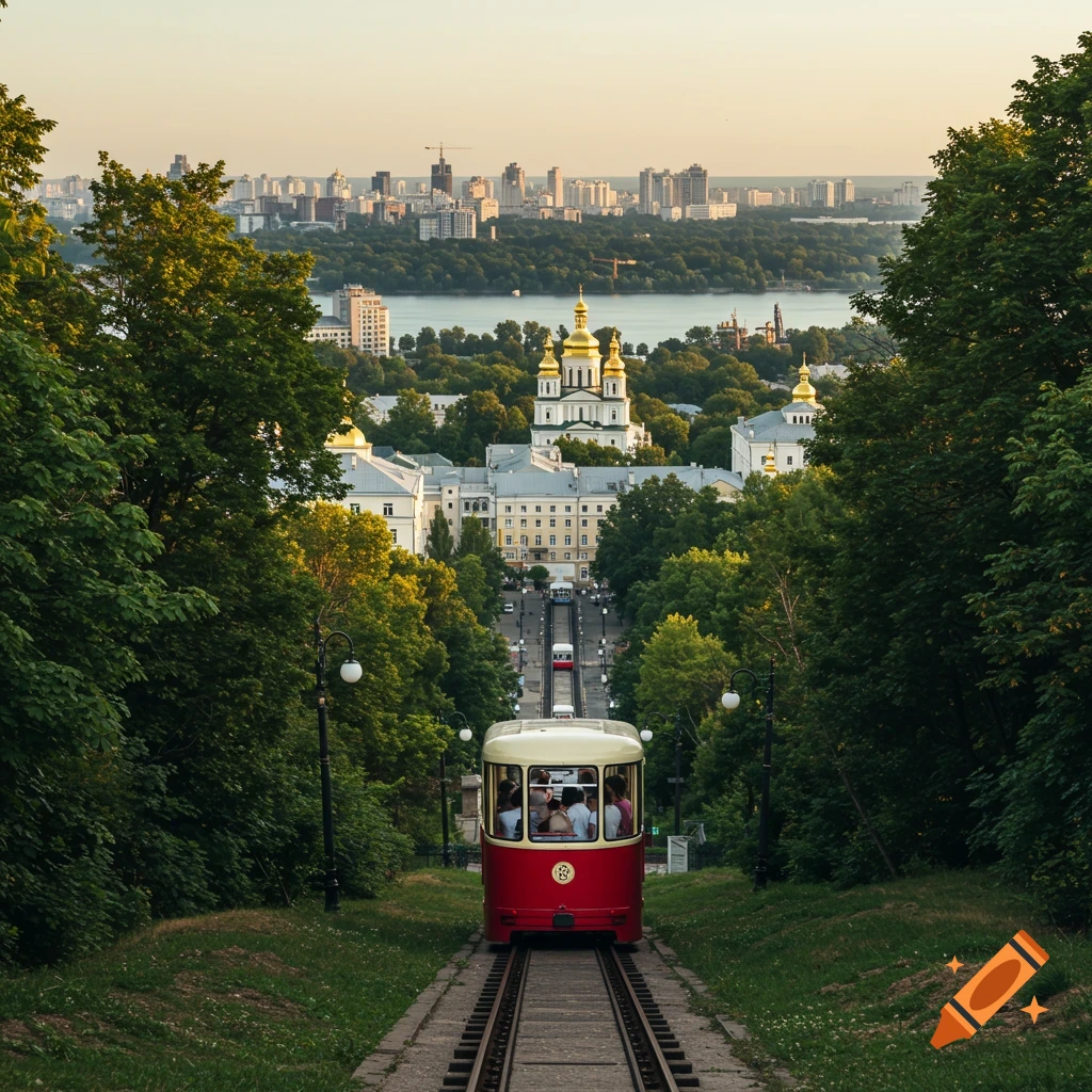 A red and white funicular car on tracks looking down towards a city skyline, golden-domed church, and river.