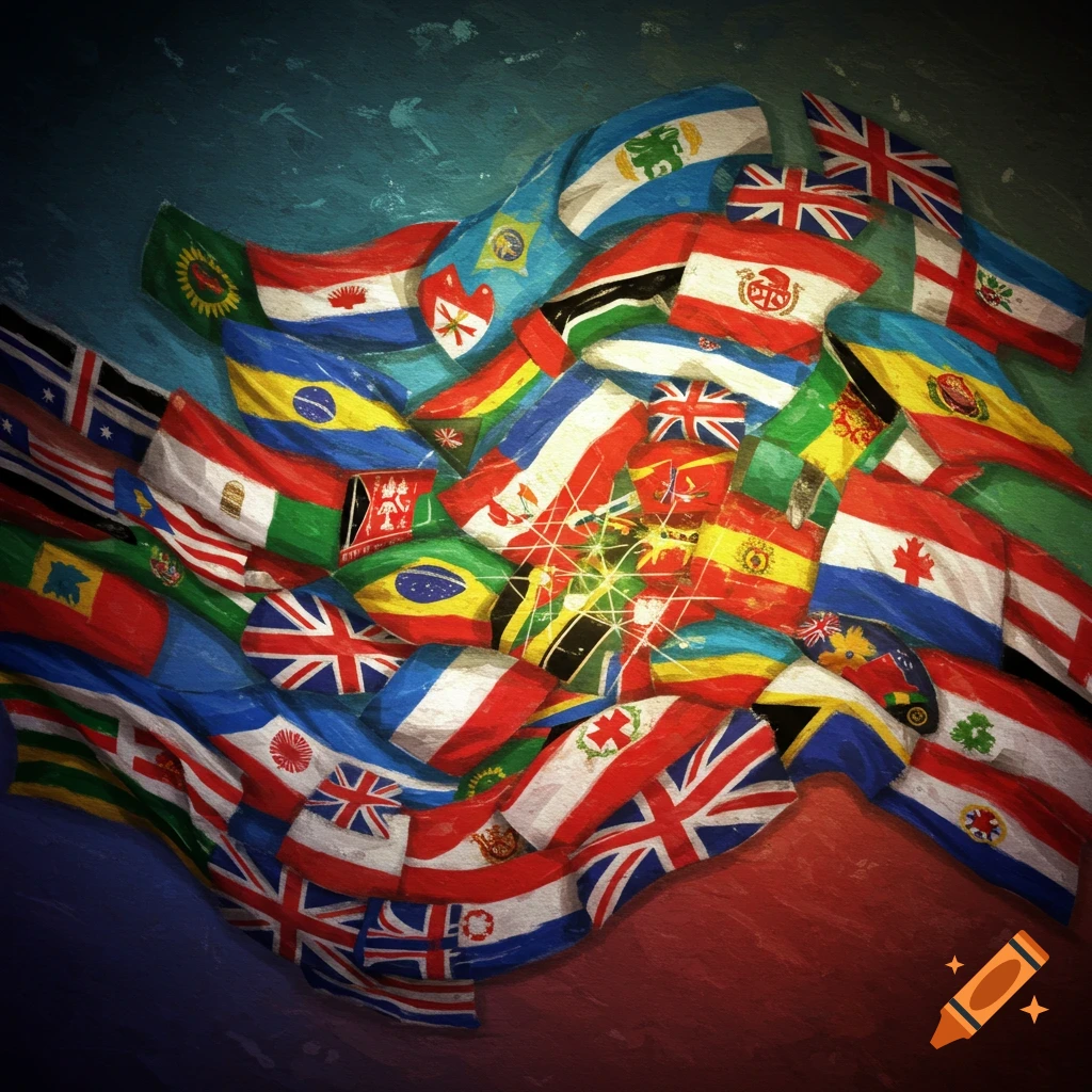 A cluster of many national flags waving together in a painted style.