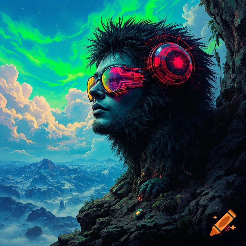 A figure with glowing futuristic glasses and headphones looks out over a vast mountain landscape under a vibrant green and blue sky.