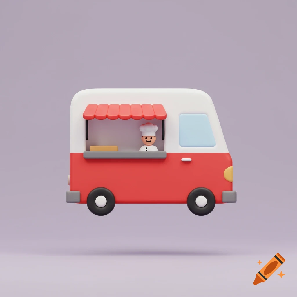Simple 3D illustration of a food truck with a chef icon