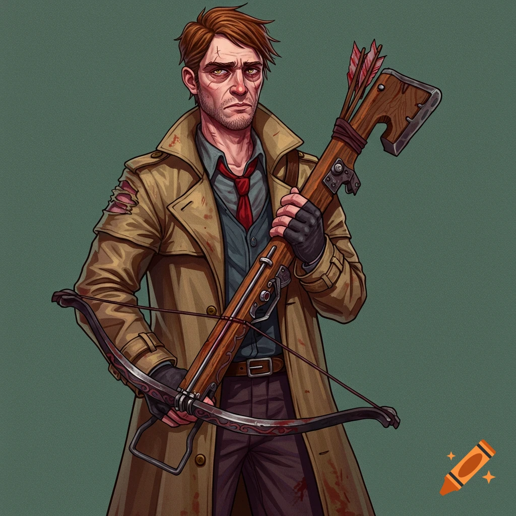 Illustration of a man in a trench coat holding a crossbow-axe hybrid weapon.