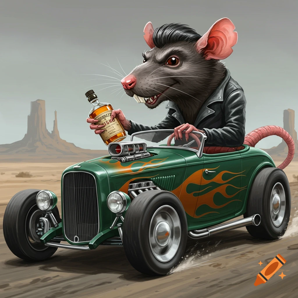 Cartoon rat in leather jacket driving a green hot rod, holding a bottle, in a desert.