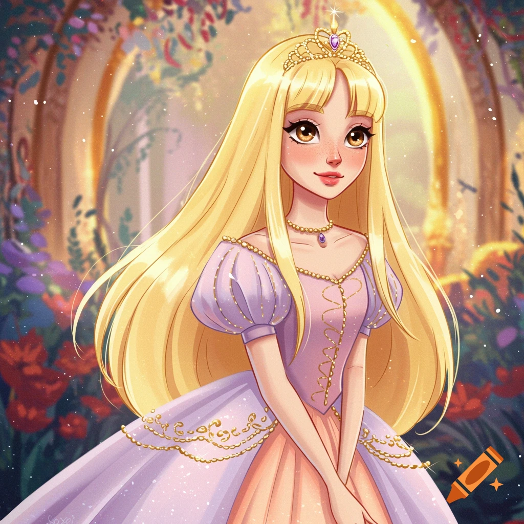 Cartoon illustration of a blonde princess in a purple and pink dress and  tiara in a garden. on Craiyon