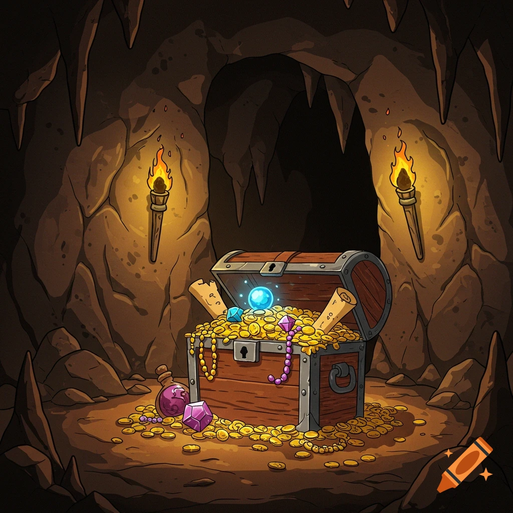 Cartoon style illustration of a treasure chest filled with gold and jewels in a dark cave lit by torches.
