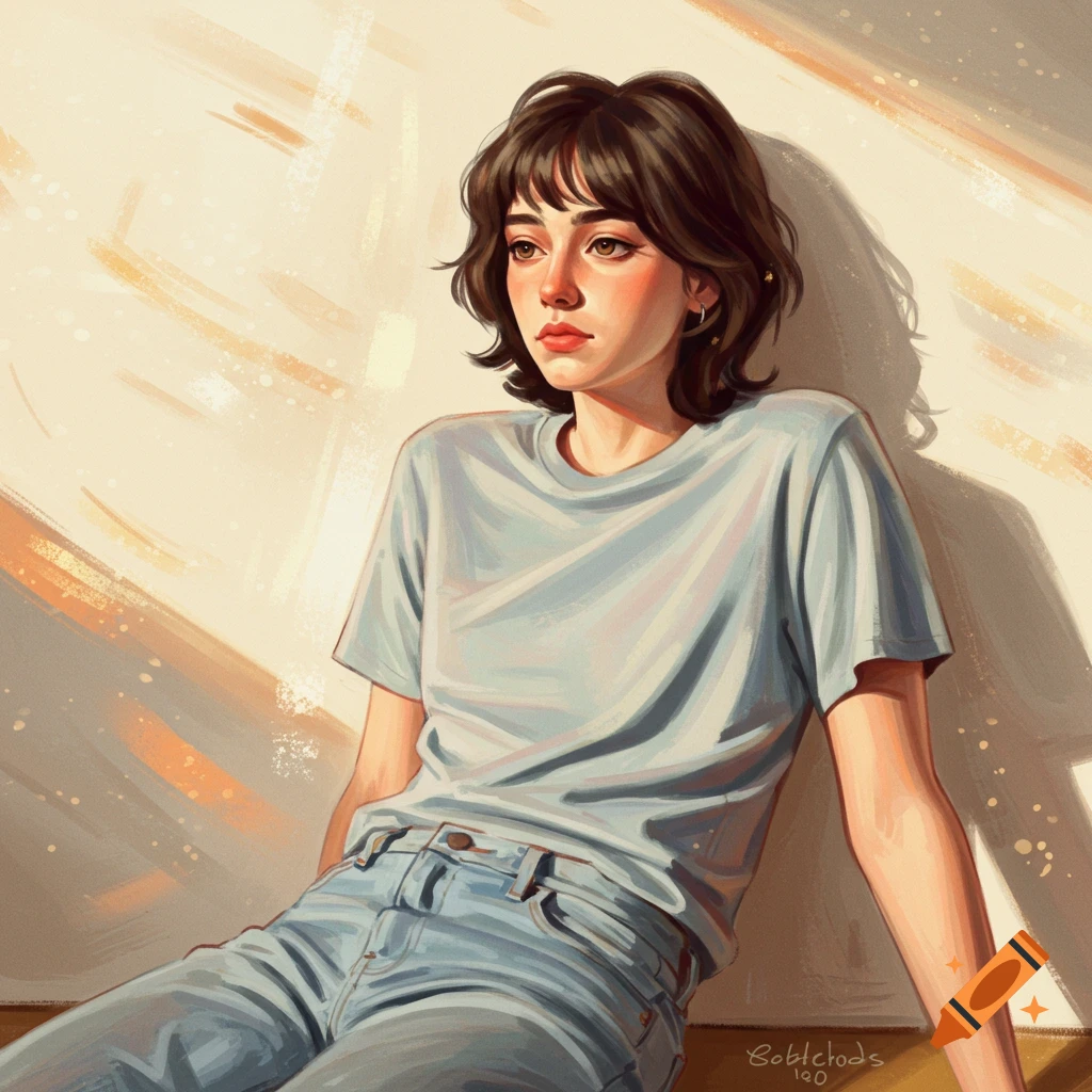 A young woman in a blue t-shirt and jeans sits in sunlight