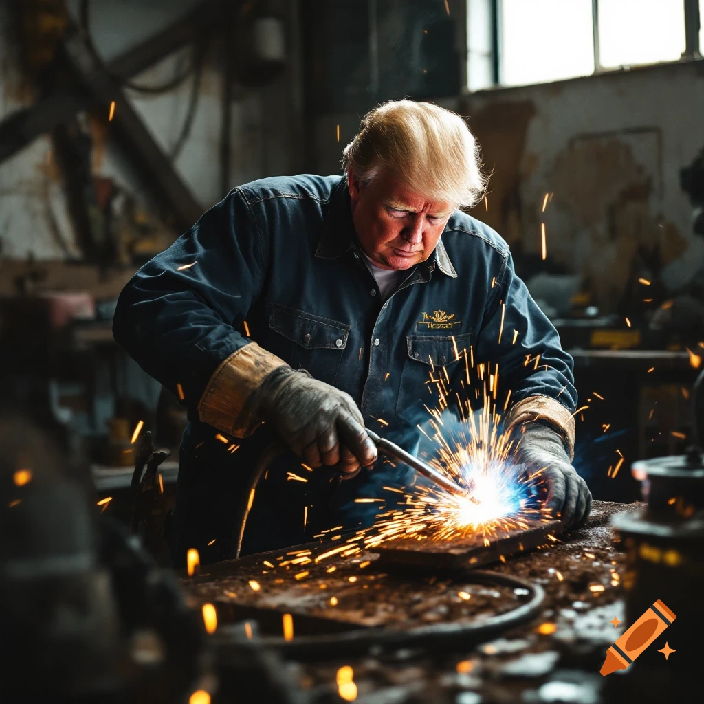 Photorealistic image of Donald Trump welding in a dusty workshop.