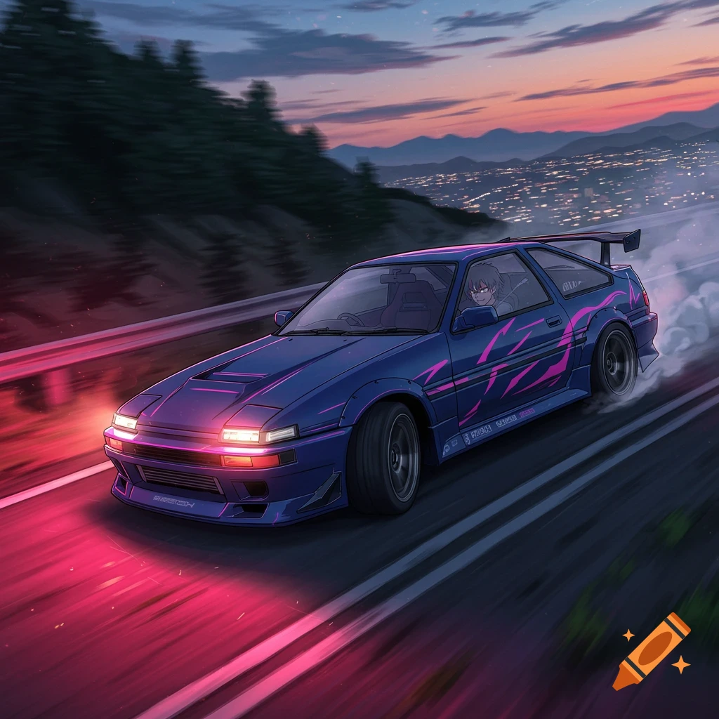 Anime style illustration of a blue car drifting on a mountain road at dusk, with city lights in the distance.