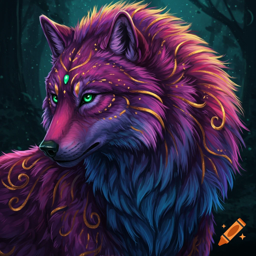 Stylized portrait of a purple and blue wolf with gold patterns and green eyes