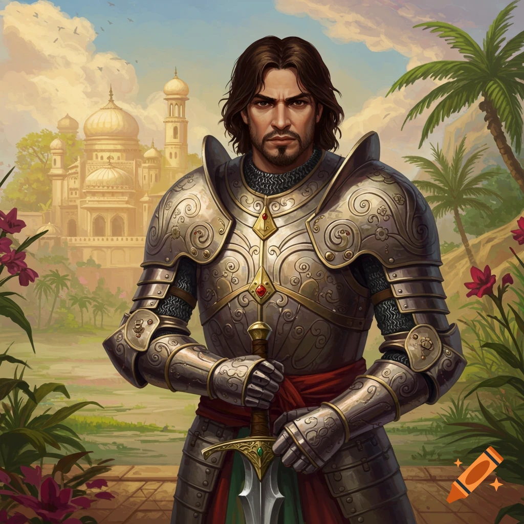 A fantasy knight in ornate armor stands holding a sword, with a building with domes in the background.