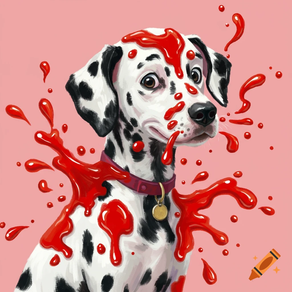 Dalmatian dog covered in red splatter on a pink background, in an illustration style.