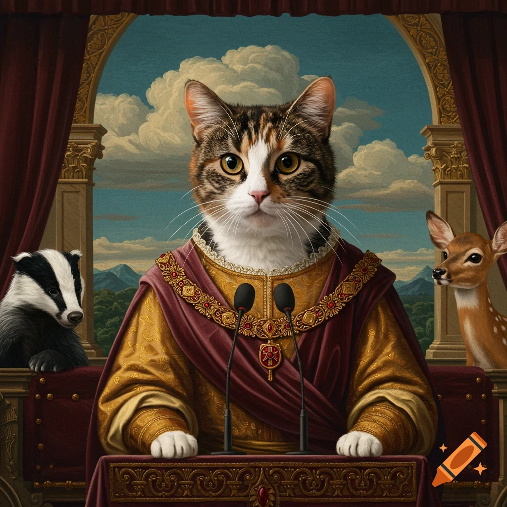 A calico cat in ornate robes speaks at a podium with microphones, observed by a badger and a deer, in a formal setting.