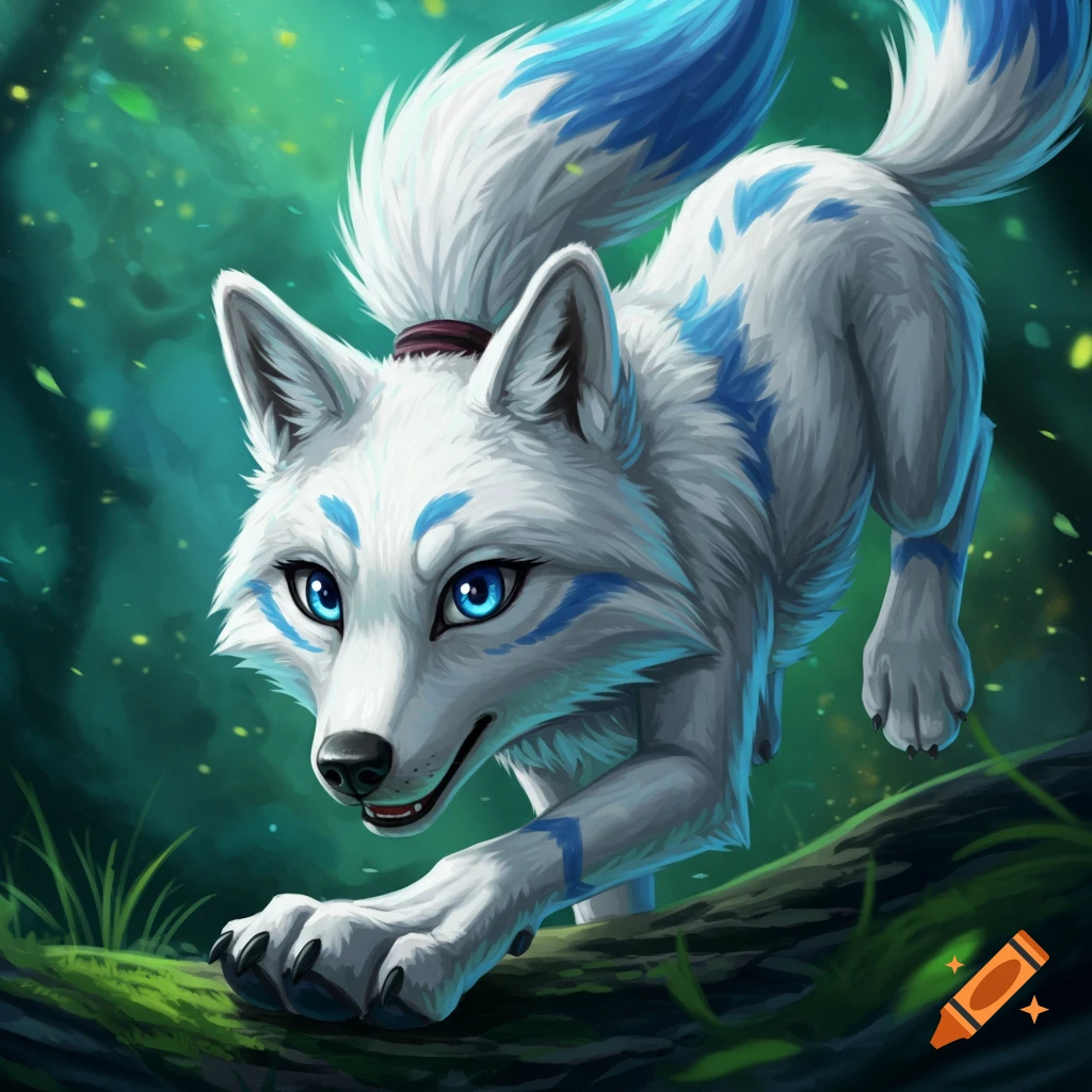 Stylized white wolf with blue markings leaps over a log in a forest.