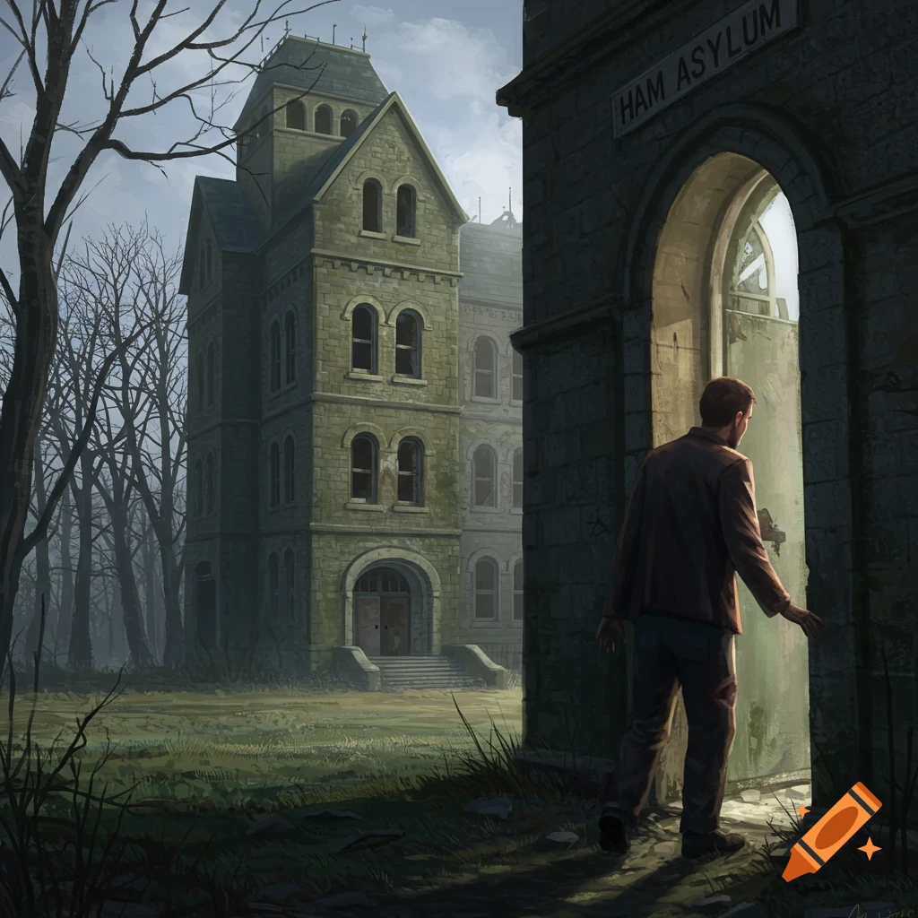 A man approaches a spooky old asylum building with bare trees at dusk.