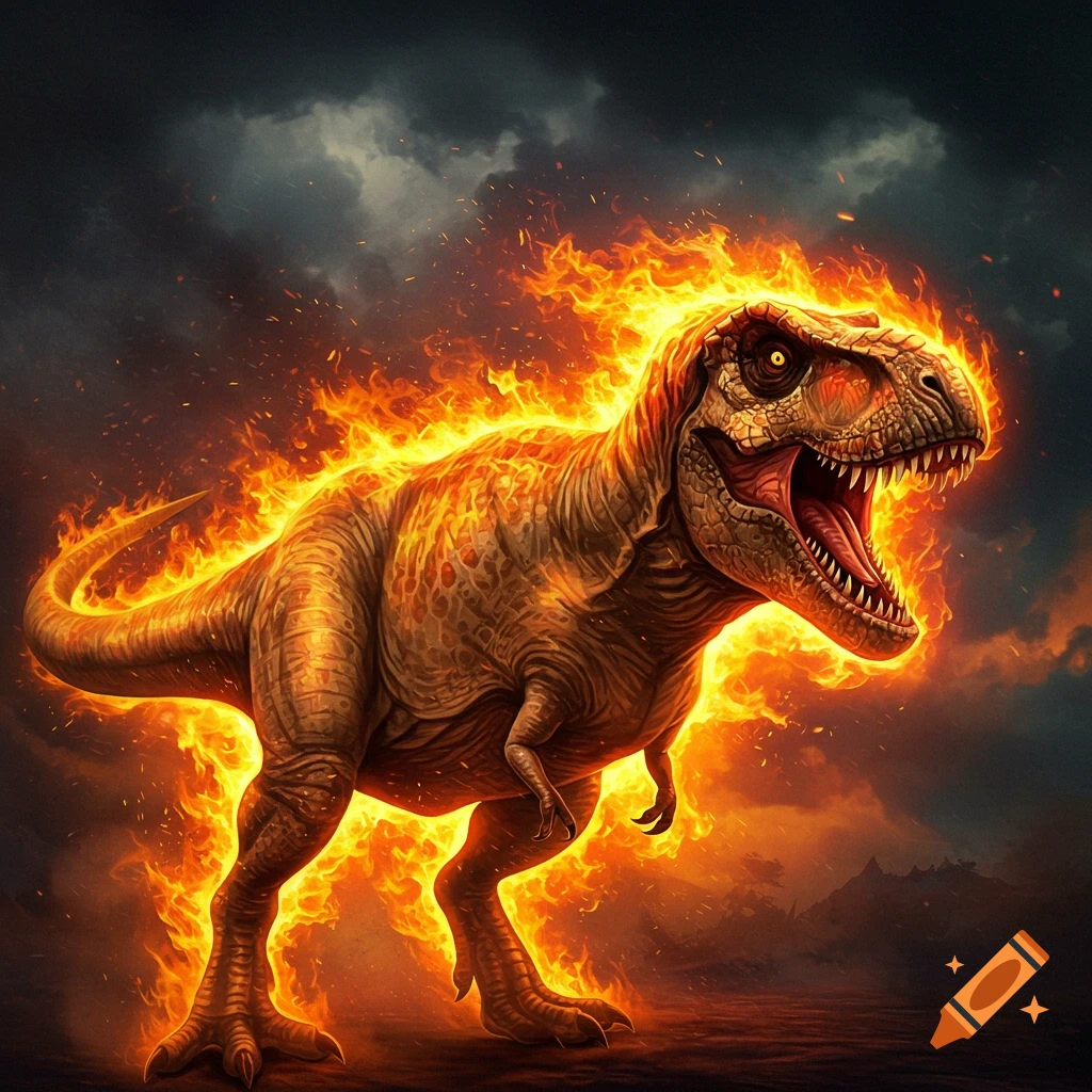A Tyrannosaurus Rex covered in fire stands under a dark, stormy sky.