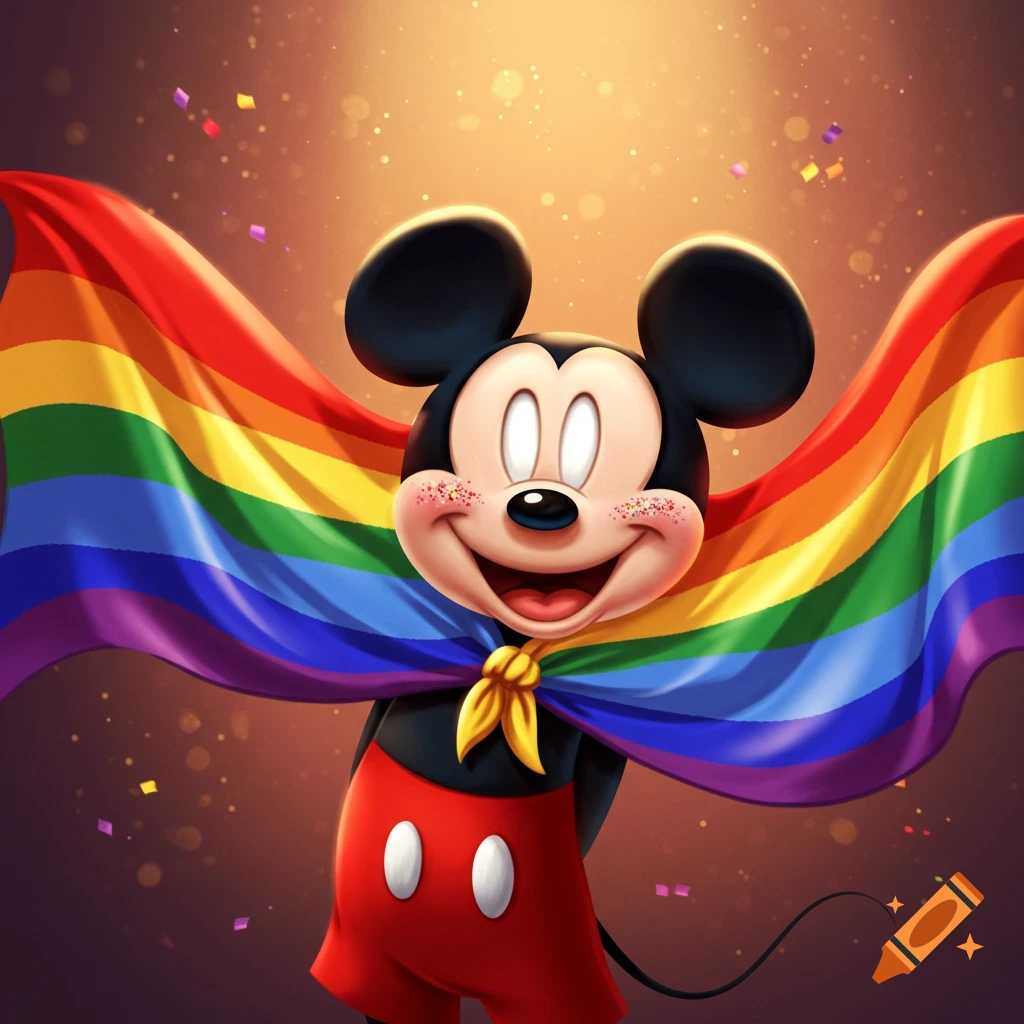 Mickey Mouse holds a large rainbow flag with confetti