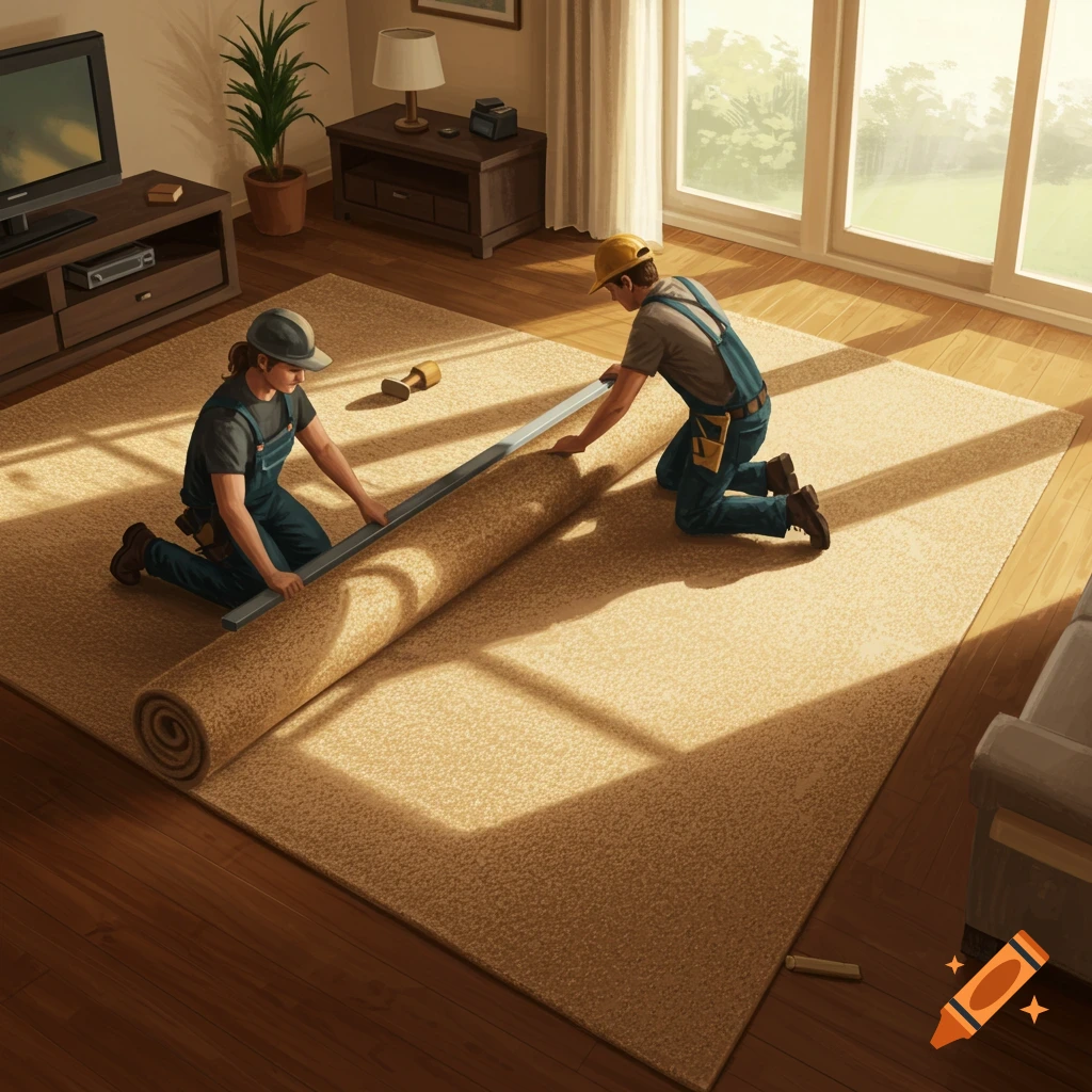 Two workers unroll and lay carpet in a sunny living room.