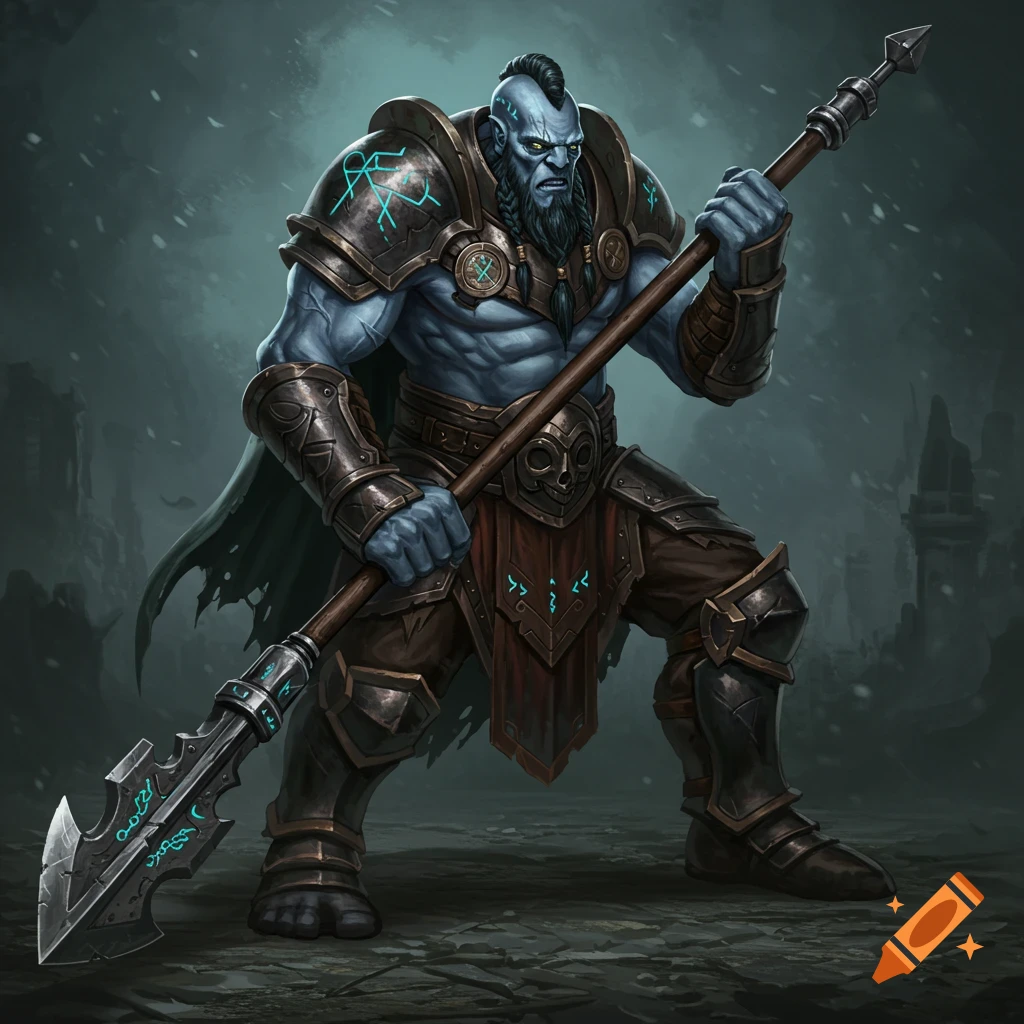 A blue-skinned goliath giant in dark armor holds a large spear. Glowing runes appear on his armor and weapon.