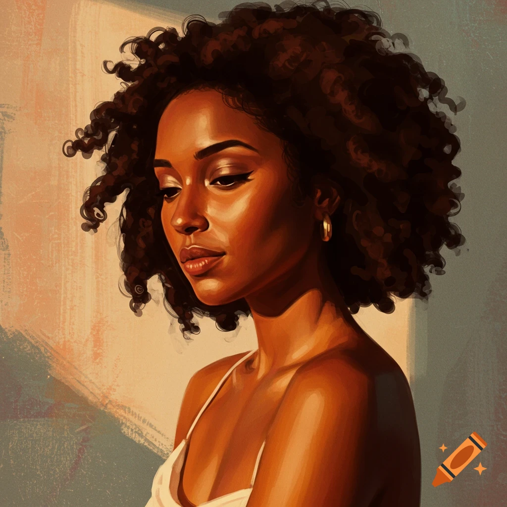 A beautiful woman with curly hair is lit by golden light from the side, portrait.