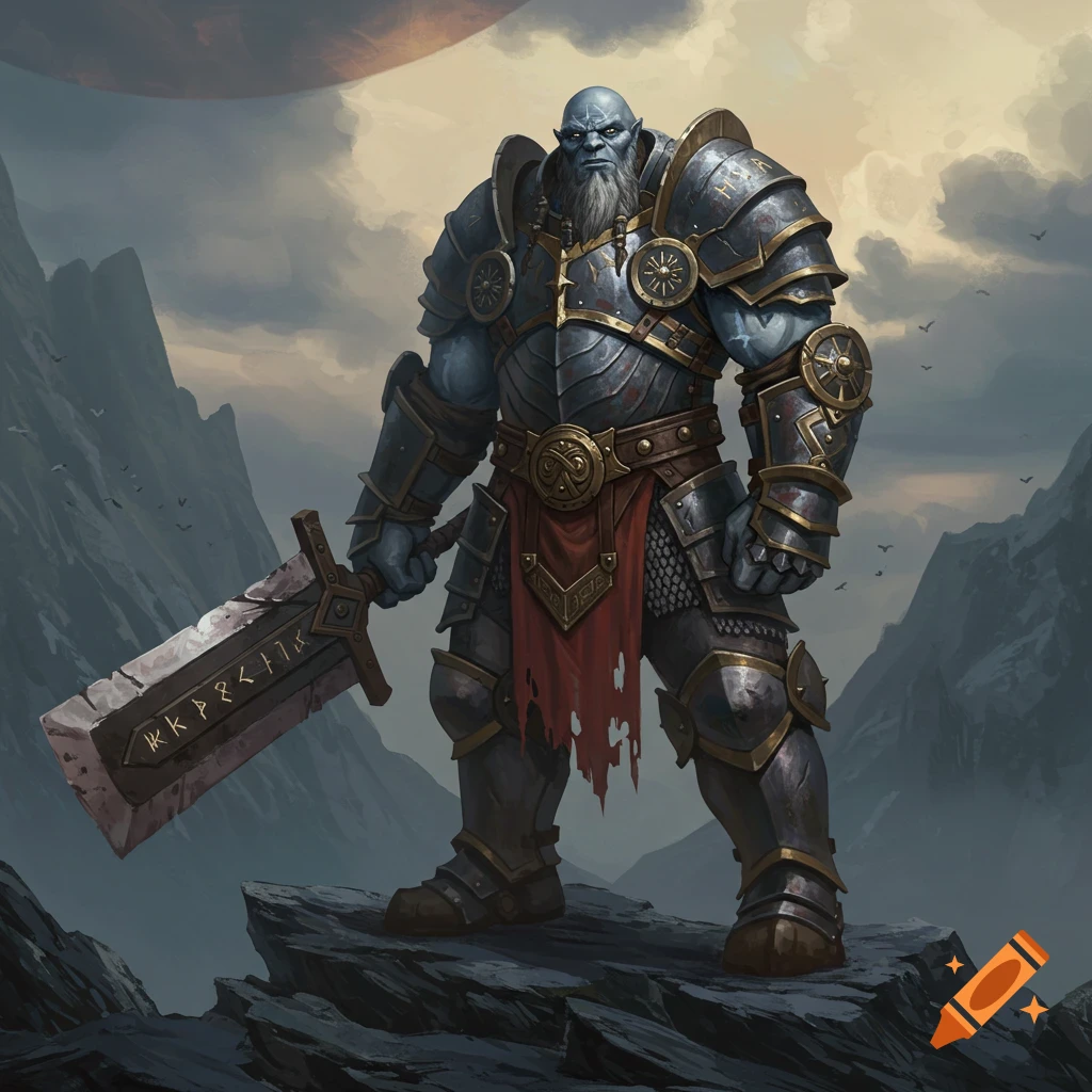 A blue-skinned warrior in ornate armor stands on a mountain peak with a giant rune-inscribed sword.