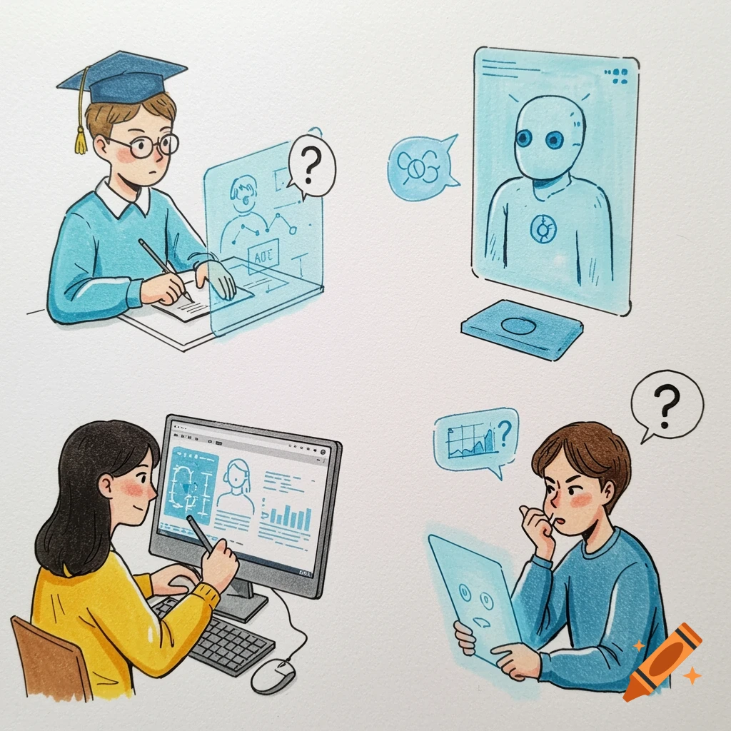 Colored pencil illustration of students using computers and interacting with AI holograms.