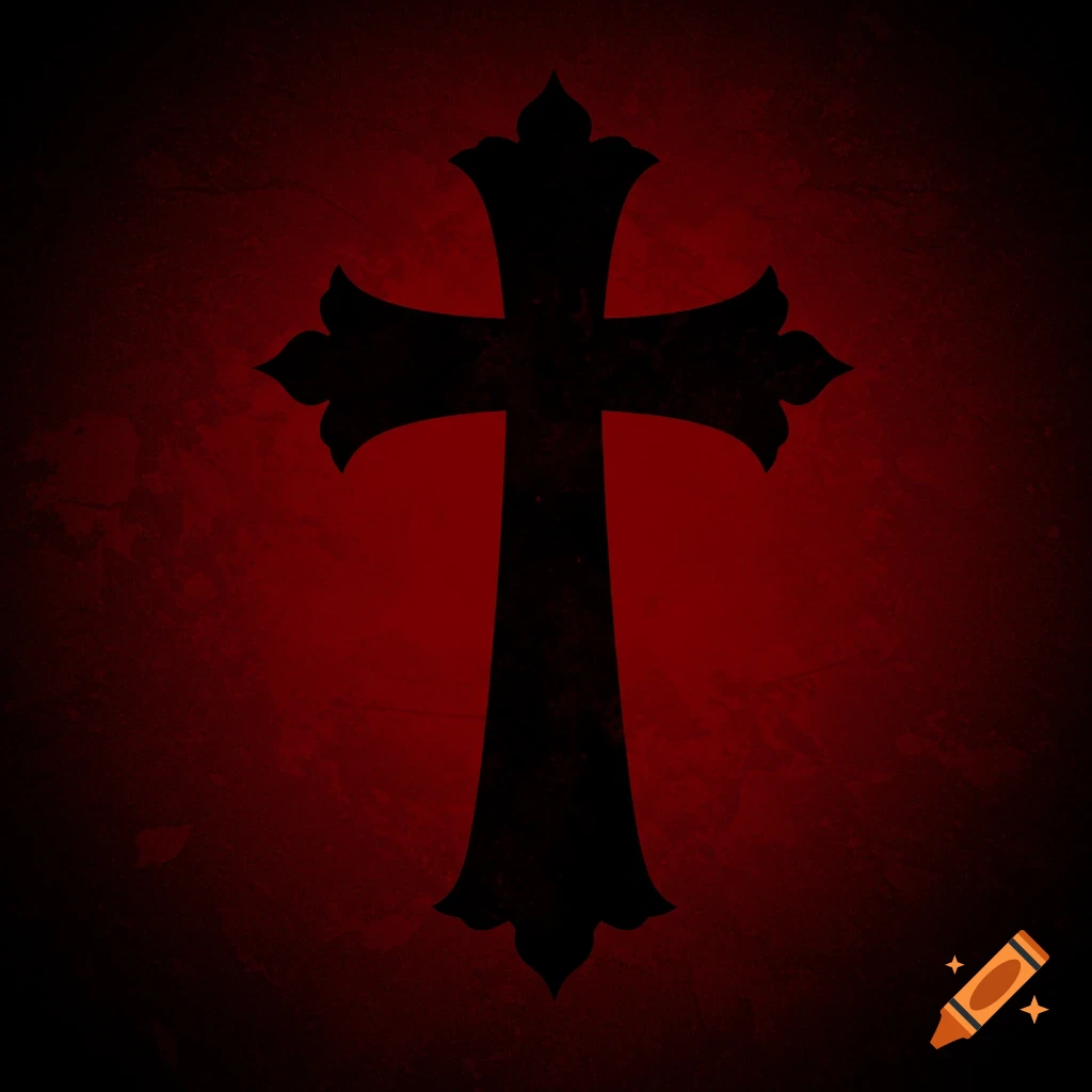 Black silhouette of a stylized cross on a dark red textured background.