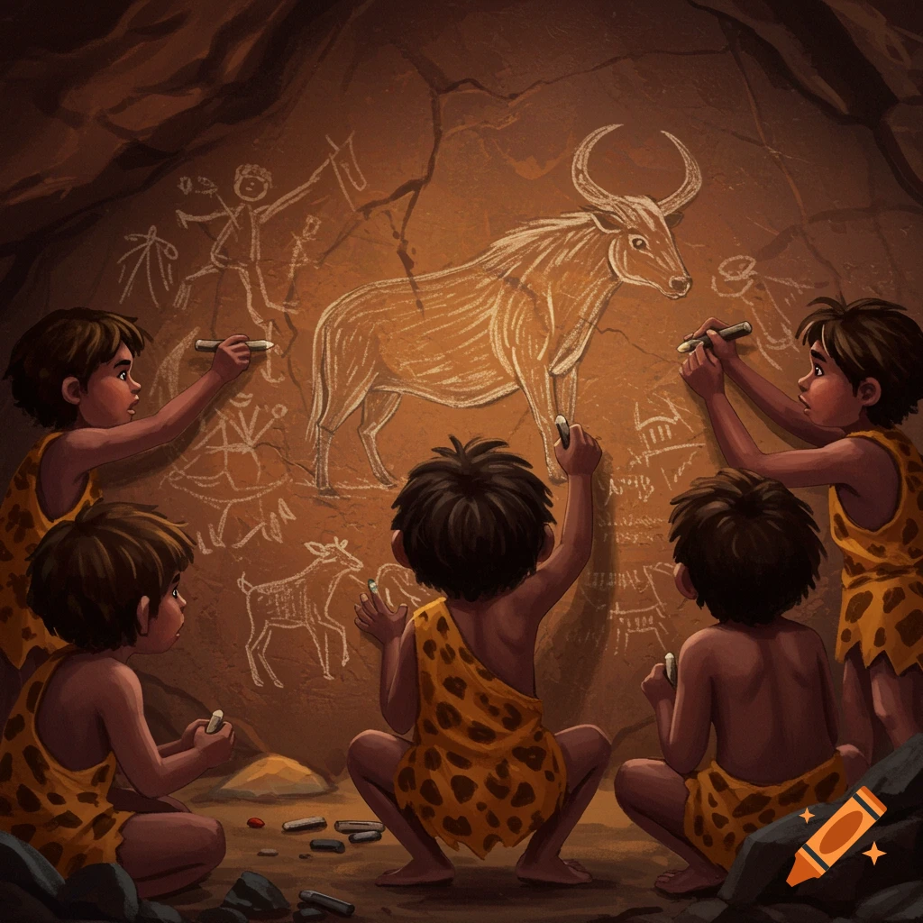 Young cavepeople drawing animals and figures on a cave wall