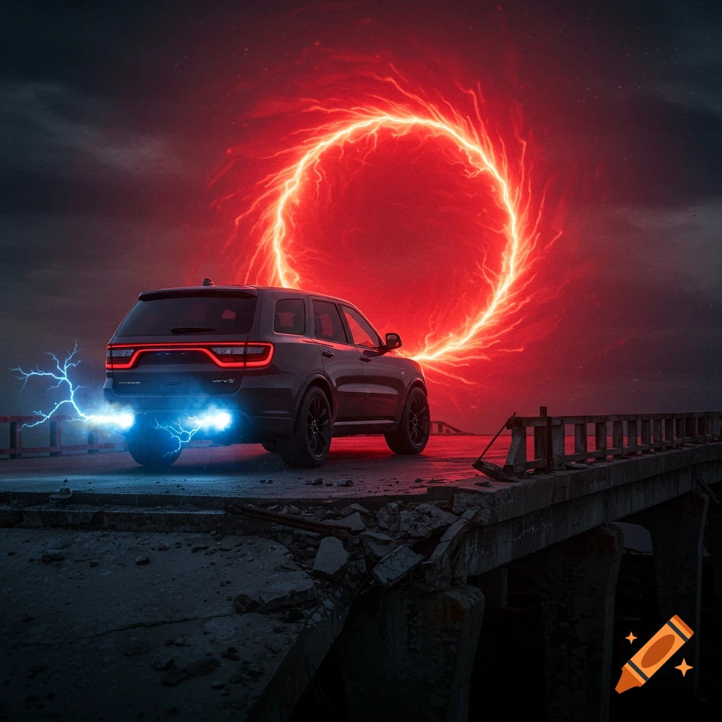 Dark SUV launches off a broken bridge into a red portal with blue lightning.