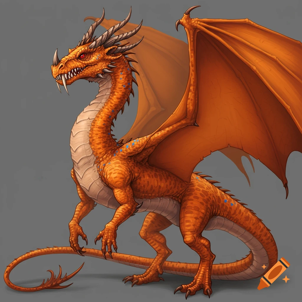 An orange dragon with wings, horns, and spikes stands in profile.