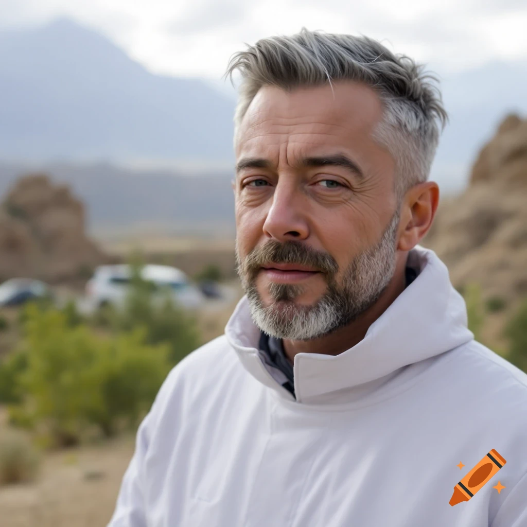 Portrait of a man with graying hair and beard wearing a jacket outdoors in a rocky landscape.
